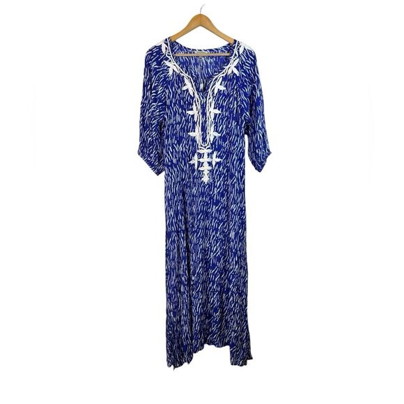 World Market Blue White Embroidered Boho Maxi Long Dress Free Size NWT - Picture 1 of 15
